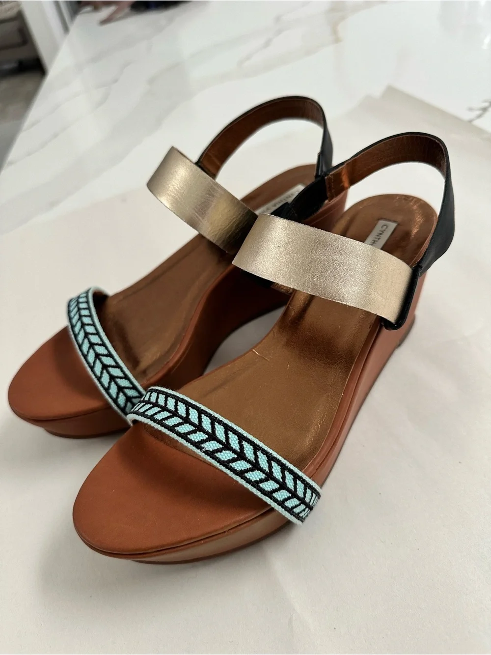 Cynthia Steffe Two-Tone Leather Slingback Platform Wedge Sandals Brown/Gold